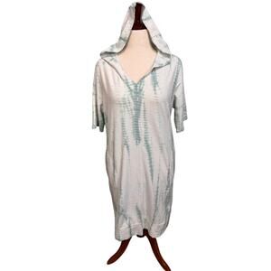 Soft Surroundings hooded T shirt shift dress open neck short sleeve pockets Sz L